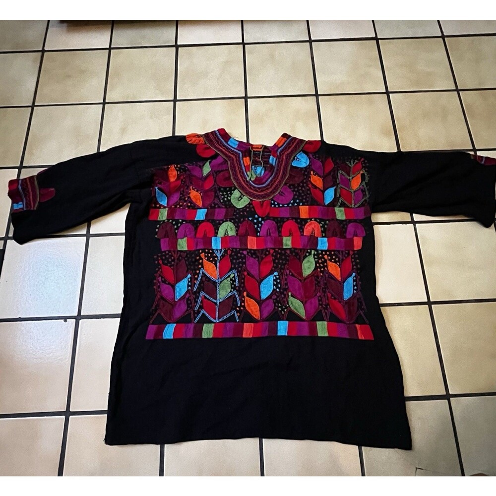 Womens Mexican Embroidered Top L Colorful Milpa Folklore Boho Geometric Artsy
